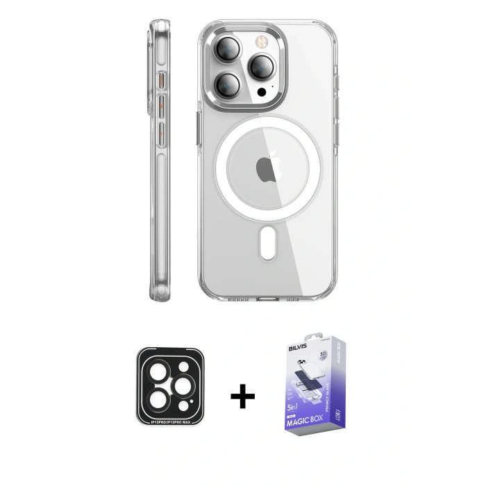 MARSİLYAN™- iPhone 15 Pro Max Kılıf Nova Doku - Siyah Bilvis 5in1 5D Magic Hayalet Cam Ekran Koruyucu + PVD Metal Kamera Lens - SH