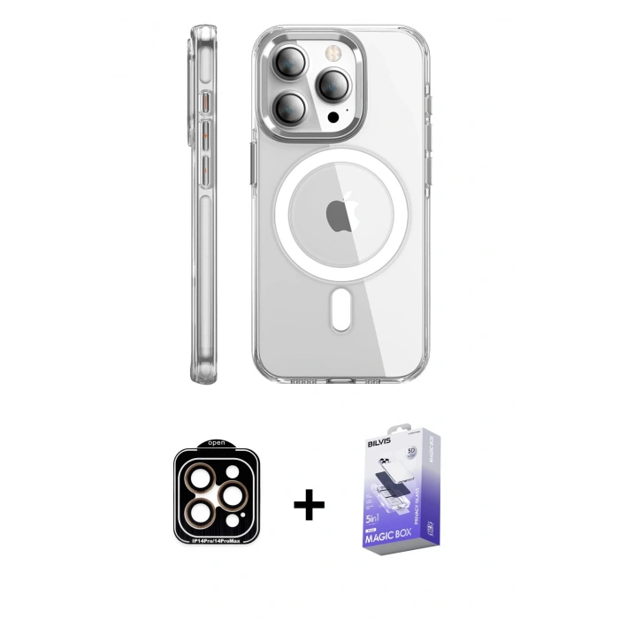 MARSİLYAN™- iPhone 15 Pro Max Kılıf Nova Doku - Siyah Bilvis 5in1 5D Magic Hayalet Cam Ekran Koruyucu + PVD Metal Kamera Lens - TU
