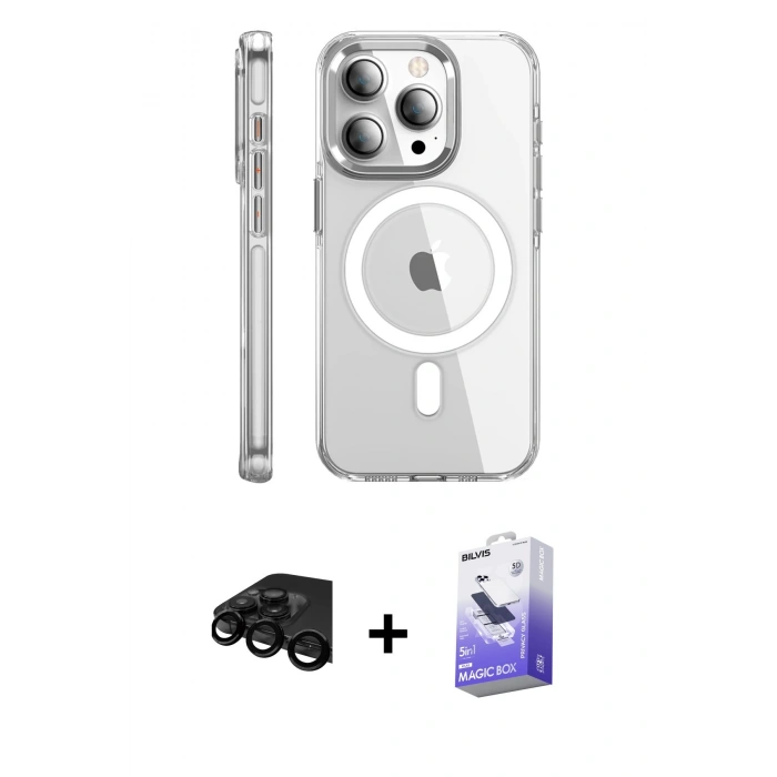 MARSİLYAN™- iPhone 15 Pro Max Kılıf Nova Doku - Siyah Bilvis 5in1 5D Magic Hayalet Cam Ekran Koruyucu + Raze Metal Kamera Lens - SH