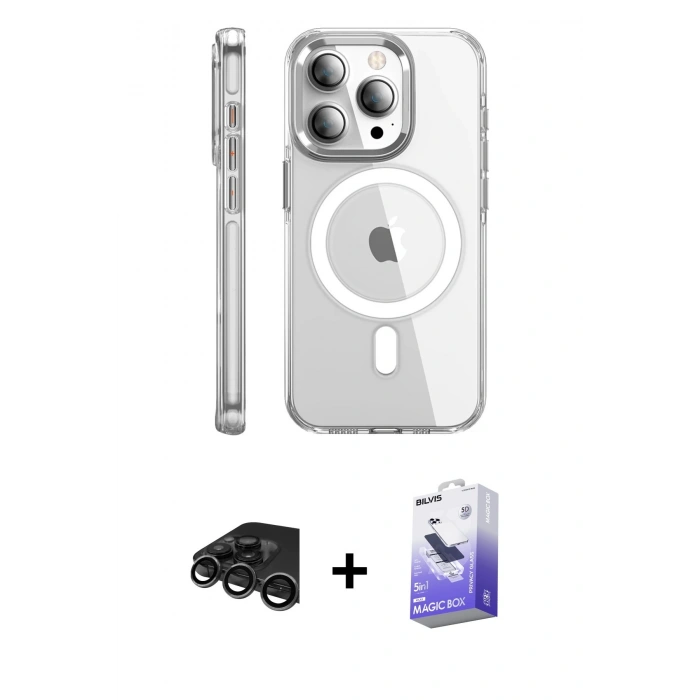 MARSİLYAN™- iPhone 15 Pro Max Kılıf Nova Doku - Siyah Bilvis 5in1 5D Magic Hayalet Cam Ekran Koruyucu + Raze Metal Kamera Lens - TMGI
