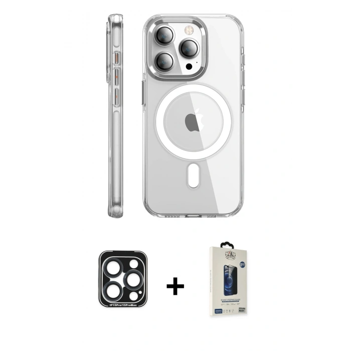 MARSİLYAN™- iPhone 15 Pro Max Kılıf Nova Doku - Siyah Bilvis Hayalet Cam Ekran Koruyucu + Lacivert PVD Metal Kamera Lens