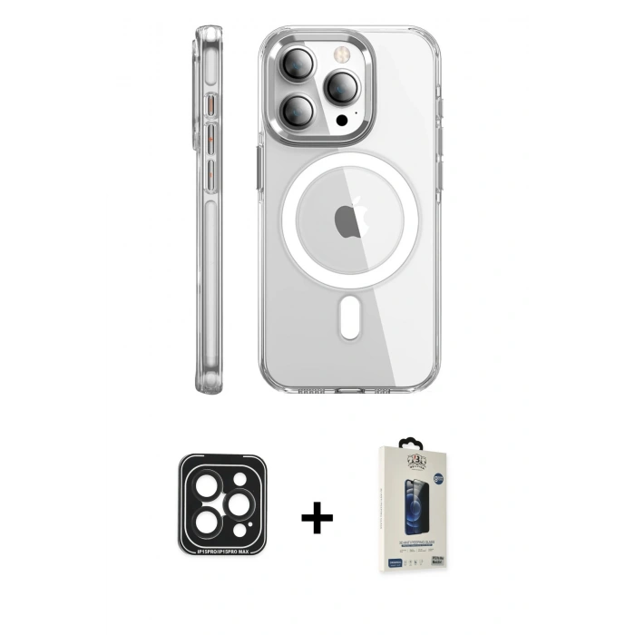 MARSİLYAN™- iPhone 15 Pro Max Kılıf Nova Doku - Siyah Bilvis Hayalet Cam Ekran Koruyucu + PVD Metal Kamera Lens - SH