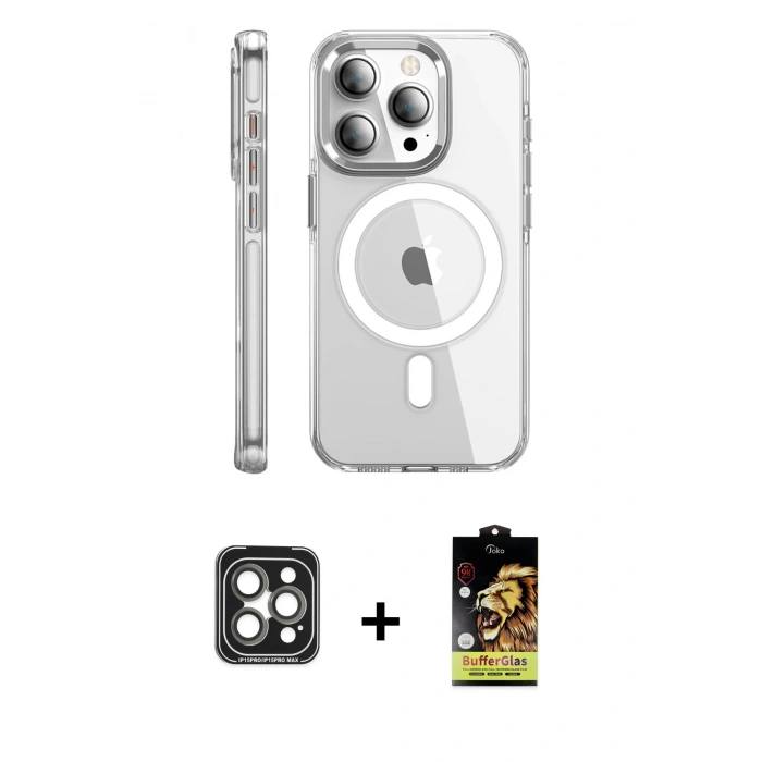 MARSİLYAN™- iPhone 15 Pro Max Kılıf Nova Doku - Siyah Buffer Cam Ekran Koruyucu + PVD Metal Kamera Lens - GI