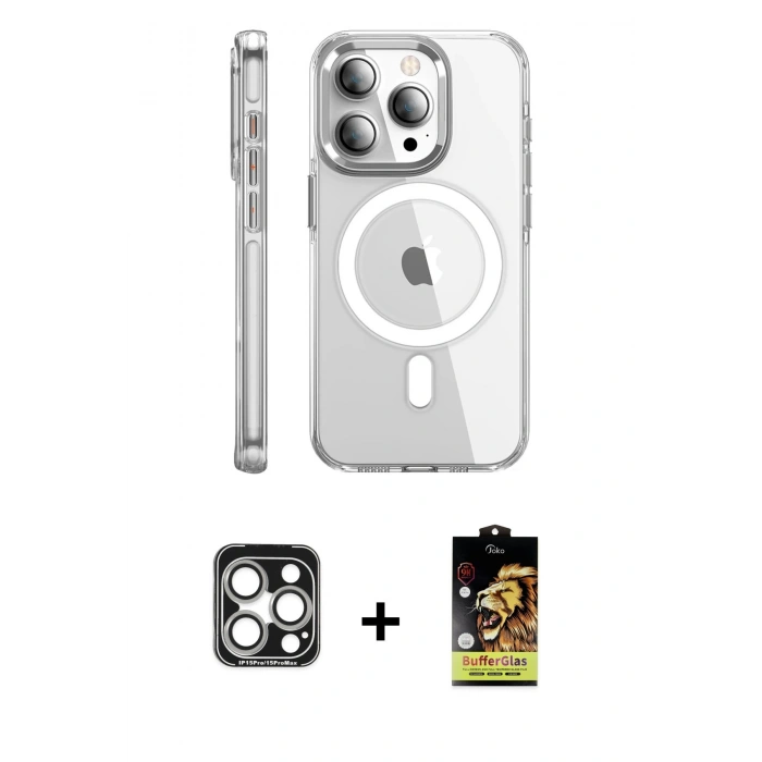 MARSİLYAN™- iPhone 15 Pro Max Kılıf Nova Doku - Siyah Buffer Cam Ekran Koruyucu + PVD Metal Kamera Lens - GS