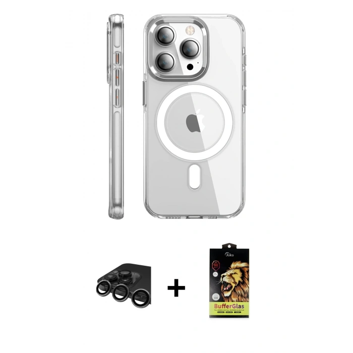 MARSİLYAN™- iPhone 15 Pro Max Kılıf Nova Doku - Siyah Buffer Cam Ekran Koruyucu + Raze Metal Kamera Lens - TMGI