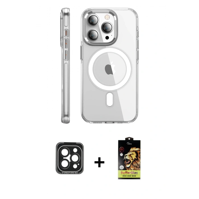 MARSİLYAN™- iPhone 15 Pro Max Kılıf Nova Doku - Siyah Buffer Cam Ekran Koruyucu + Siyah PVD Metal Kamera Lens