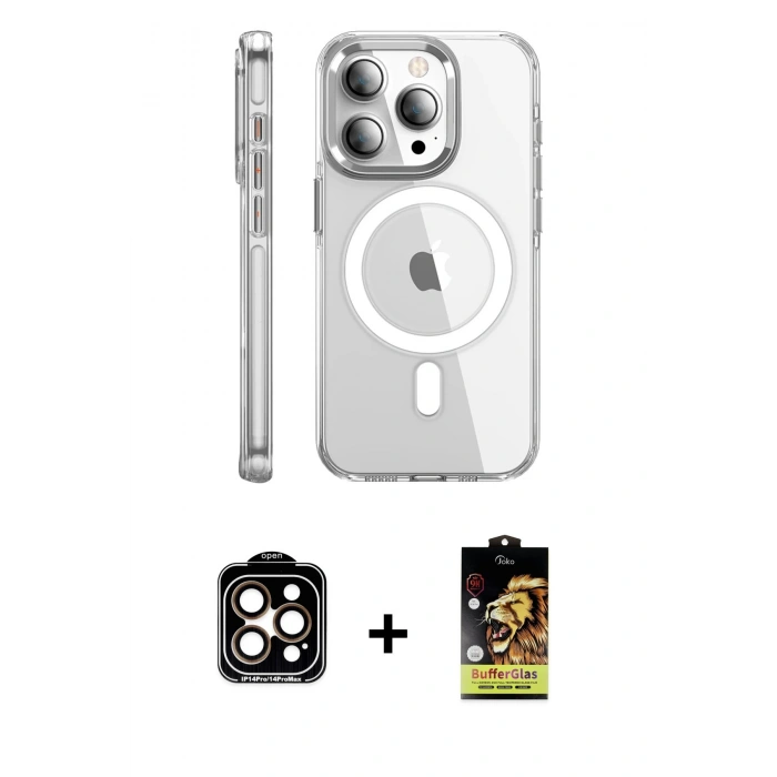 MARSİLYAN™- iPhone 15 Pro Max Kılıf Nova Doku - Siyah Buffer Cam Ekran Koruyucu + PVD Metal Kamera Lens - TU