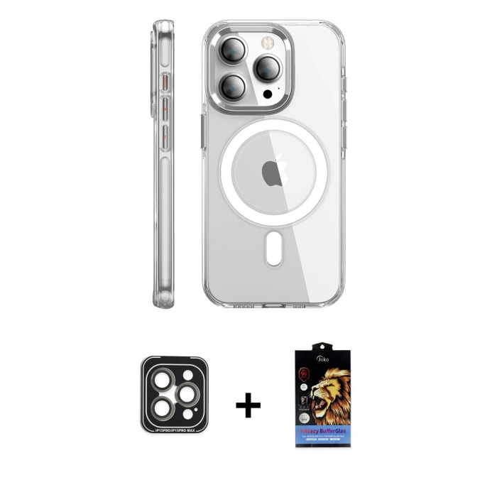 MARSİLYAN™- iPhone 15 Pro Max Kılıf Nova Doku - Siyah Buffer Hayalet Cam Ekran Koruyucu + PVD Metal Kamera Lens - GI