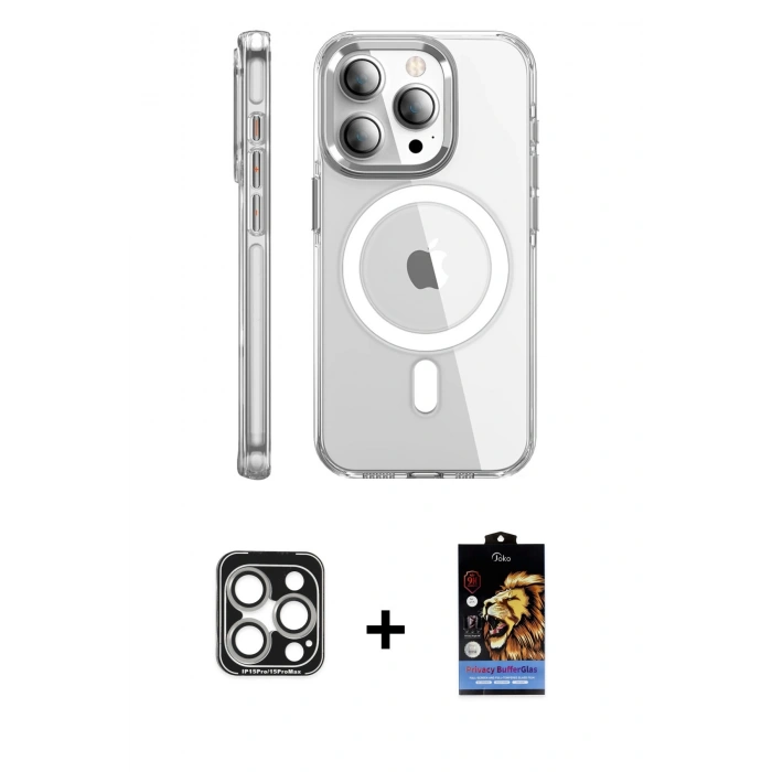 MARSİLYAN™- iPhone 15 Pro Max Kılıf Nova Doku - Siyah Buffer Hayalet Cam Ekran Koruyucu + PVD Metal Kamera Lens - GS