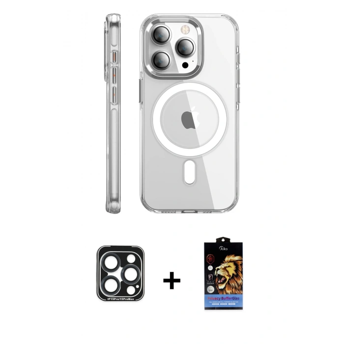 MARSİLYAN™- iPhone 15 Pro Max Kılıf Nova Doku - Siyah Buffer Hayalet Cam Ekran Koruyucu + PVD Metal Kamera Lens - LT