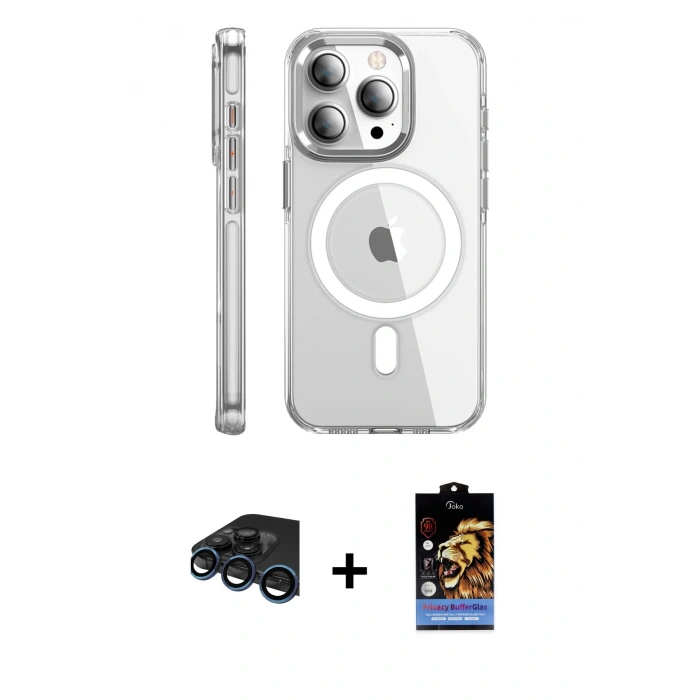 MARSİLYAN™- iPhone 15 Pro Max Kılıf Nova Doku - Siyah Buffer Hayalet Cam Ekran Koruyucu + Raze Metal Kamera Lens - LT