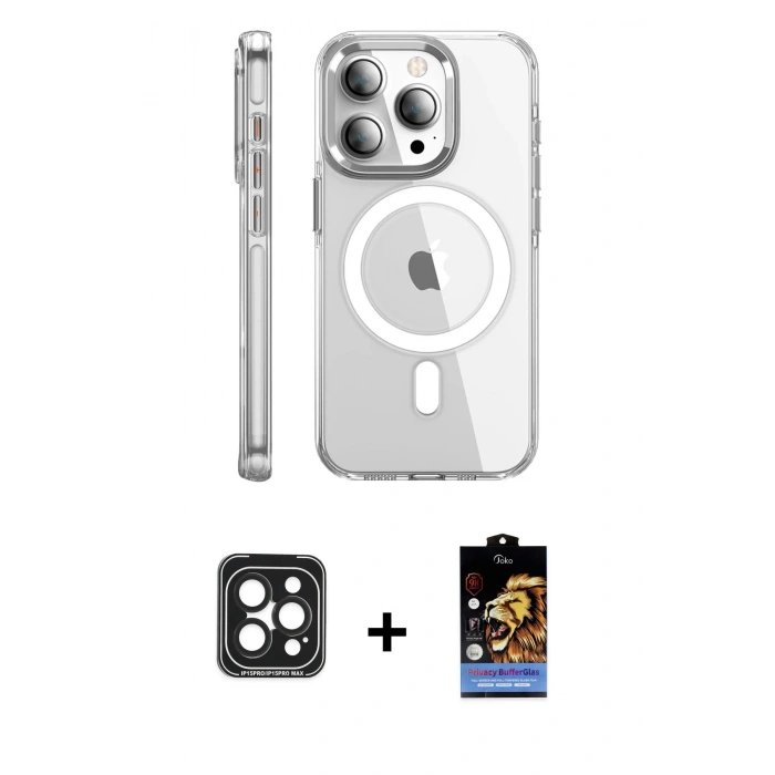 MARSİLYAN™- iPhone 15 Pro Max Kılıf Nova Doku - Siyah Buffer Hayalet Cam Ekran Koruyucu + PVD Metal Kamera Lens - SH