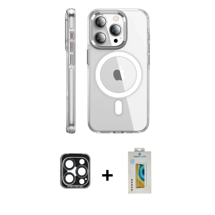 MARSİLYAN™- iPhone 15 Pro Max Kılıf Nova Doku - Siyah Polymer Nano Ekran Koruyucu + PVD Metal Kamera Lens - LT