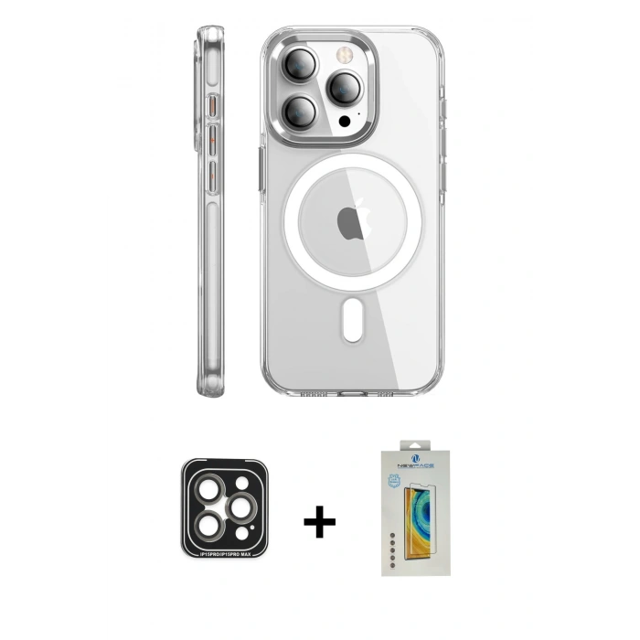 MARSİLYAN™- iPhone 15 Pro Max Kılıf Nova Doku - Siyah Polymer Nano Ekran Koruyucu + PVD Metal Kamera Lens - GI