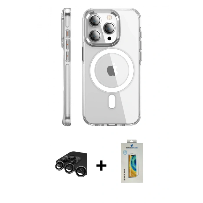MARSİLYAN™- iPhone 15 Pro Max Kılıf Nova Doku - Siyah Polymer Nano Ekran Koruyucu + Titanyum Gri Raze Metal Kamera Lens