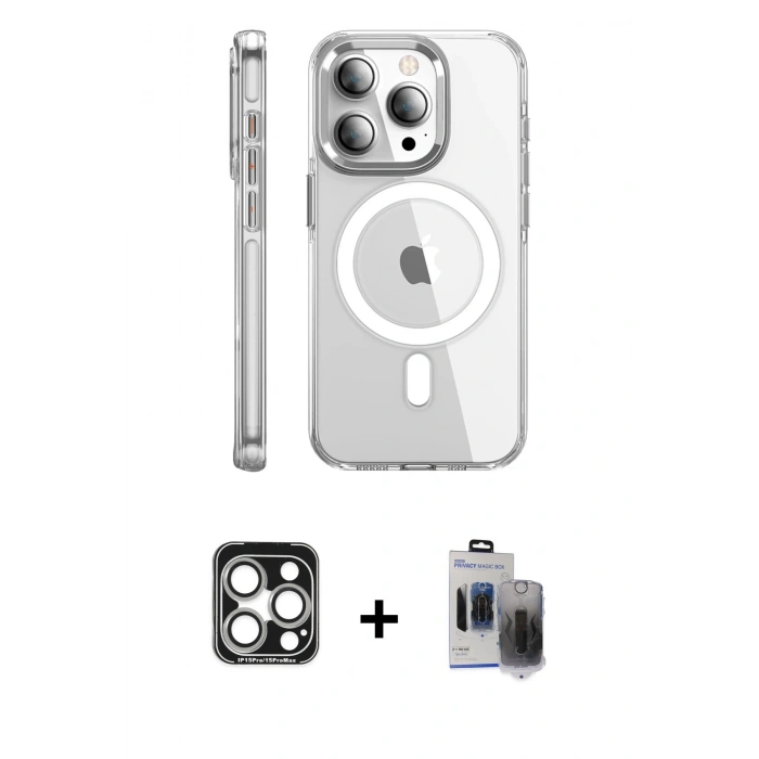 MARSİLYAN™- iPhone 15 Pro Max Kılıf Nova Doku - Siyah Vanessa Magic Hayalet Cam + PVD Metal Kamera Lens - GS