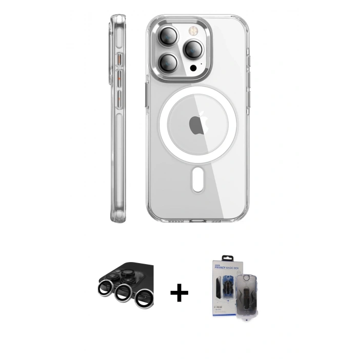 MARSİLYAN™- iPhone 15 Pro Max Kılıf Nova Doku - Siyah Vanessa Magic Hayalet Cam + Raze Metal Kamera Lens - GS