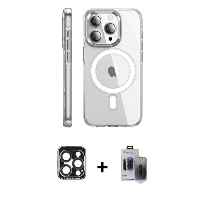 MARSİLYAN™- iPhone 15 Pro Max Kılıf Nova Doku - Siyah Vanessa Magic Hayalet Cam + PVD Metal Kamera Lens - LT