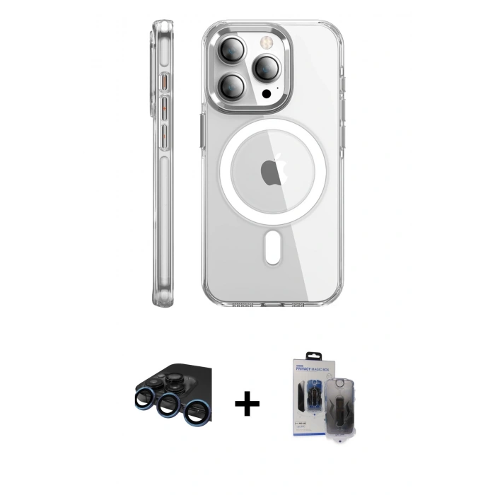 MARSİLYAN™- iPhone 15 Pro Max Kılıf Nova Doku - Siyah Vanessa Magic Hayalet Cam + Raze Metal Kamera Lens - LT