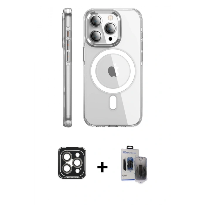 MARSİLYAN™- iPhone 15 Pro Max Kılıf Nova Doku - Siyah Vanessa Magic Hayalet Cam + PVD Metal Kamera Lens - GI