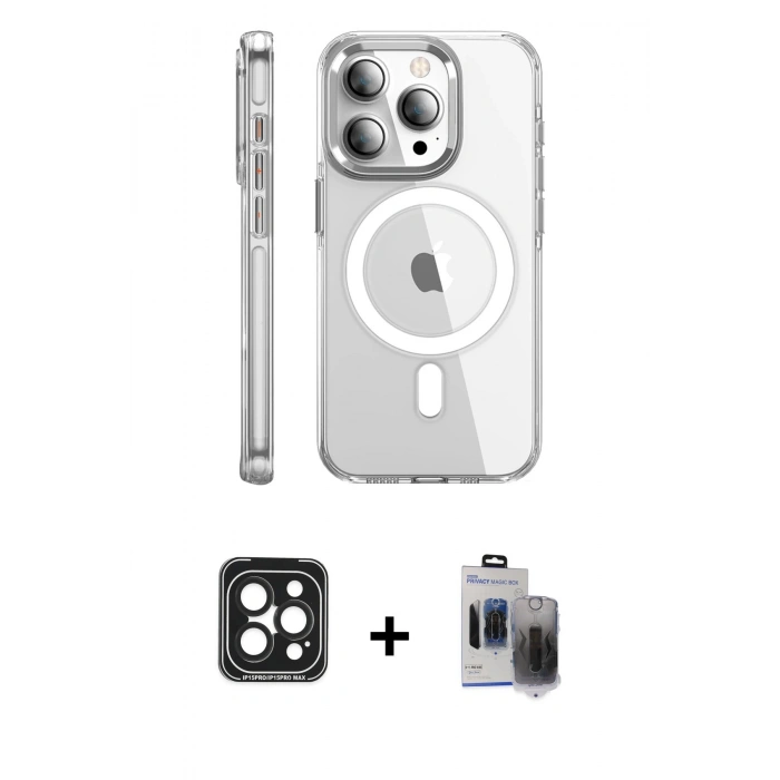 MARSİLYAN™- iPhone 15 Pro Max Kılıf Nova Doku - Siyah Vanessa Magic Hayalet Cam + PVD Metal Kamera Lens - SH