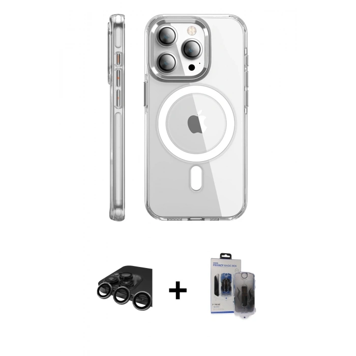MARSİLYAN™- iPhone 15 Pro Max Kılıf Nova Doku - Siyah Vanessa Magic Hayalet Cam + Raze Metal Kamera Lens - TMGI