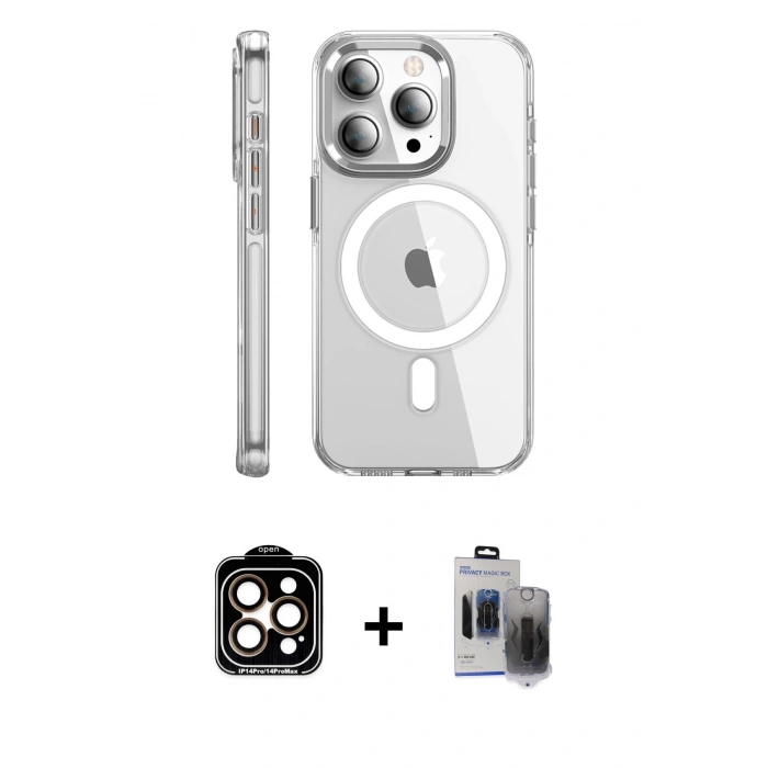 MARSİLYAN™- iPhone 15 Pro Max Kılıf Nova Doku - Siyah Vanessa Magic Hayalet Cam + Turuncu PVD Metal Kamera Lens