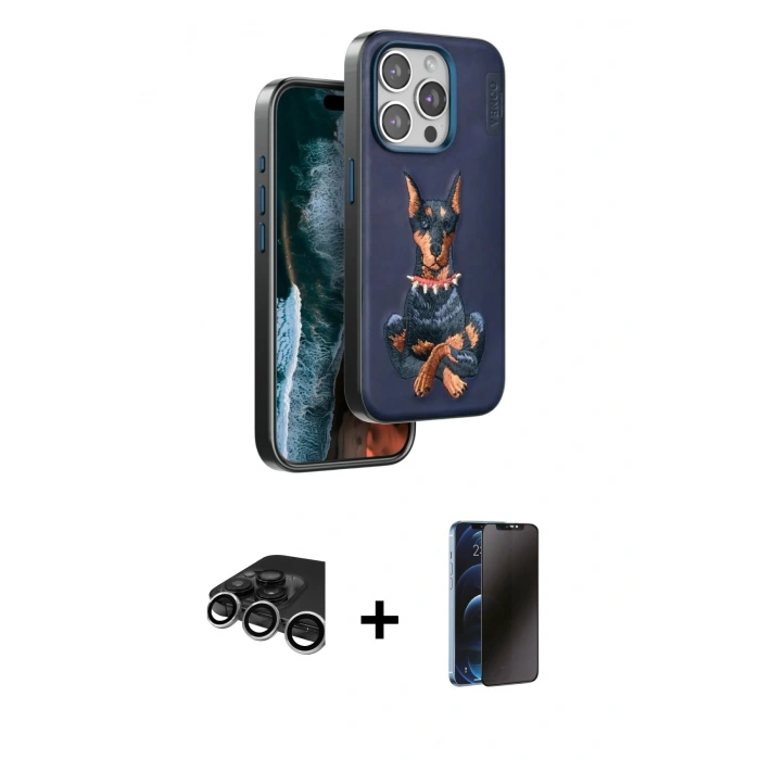 MARSİLYAN™- iPhone 15 Pro Max Kılıf Nova Form Koleksiyonu - Siyah 3D Antistatik Hayalet Cam Ekran Koruyucu + Raze Metal Kamera Lens - GS