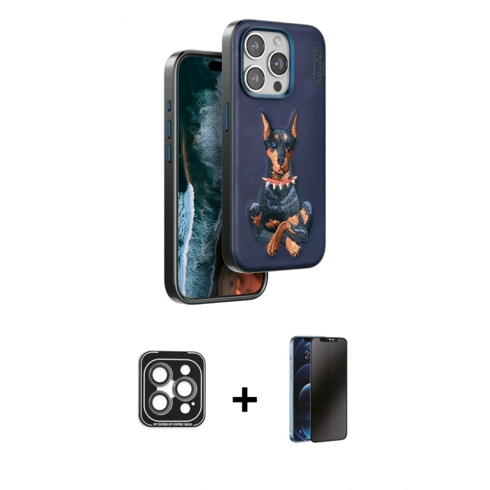 MARSİLYAN™- iPhone 15 Pro Max Kılıf Nova Form Koleksiyonu - Siyah 3D Antistatik Hayalet Cam Ekran Koruyucu + PVD Metal Kamera Lens - GI