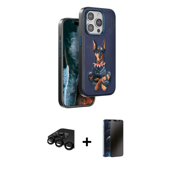 MARSİLYAN™- iPhone 15 Pro Max Kılıf Nova Form Koleksiyonu - Siyah 3D Antistatik Hayalet Cam Ekran Koruyucu + Raze Metal Kamera Lens - SH