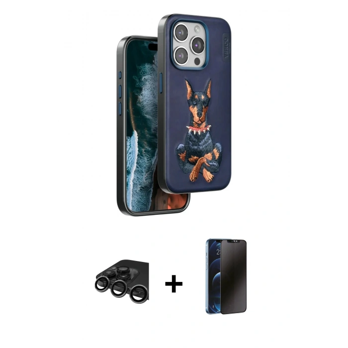 MARSİLYAN™- iPhone 15 Pro Max Kılıf Nova Form Koleksiyonu - Siyah 3D Antistatik Hayalet Cam Ekran Koruyucu + Raze Metal Kamera Lens - TMGI