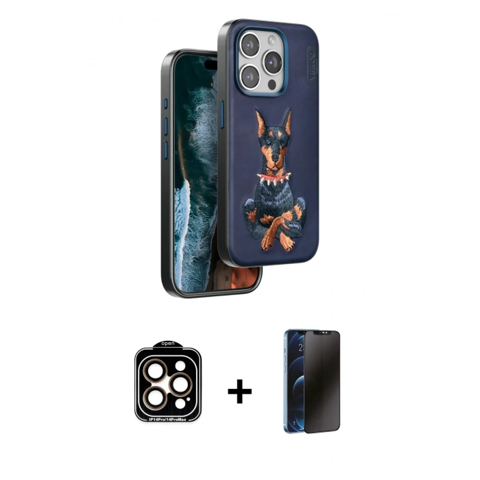 MARSİLYAN™- iPhone 15 Pro Max Kılıf Nova Form Koleksiyonu - Siyah 3D Antistatik Hayalet Cam Ekran Koruyucu + PVD Metal Kamera Lens - TU