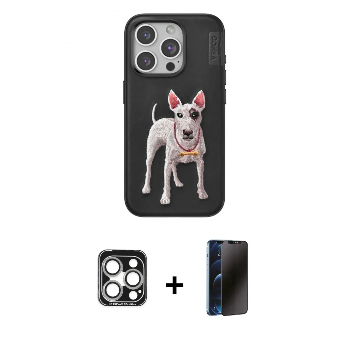 MARSİLYAN™- iPhone 15 Pro Max Kılıf Nova Form Koleksiyonu - Siyah 3D Antistatik Hayalet Cam Ekran Koruyucu + PVD Metal Kamera Lens - GS