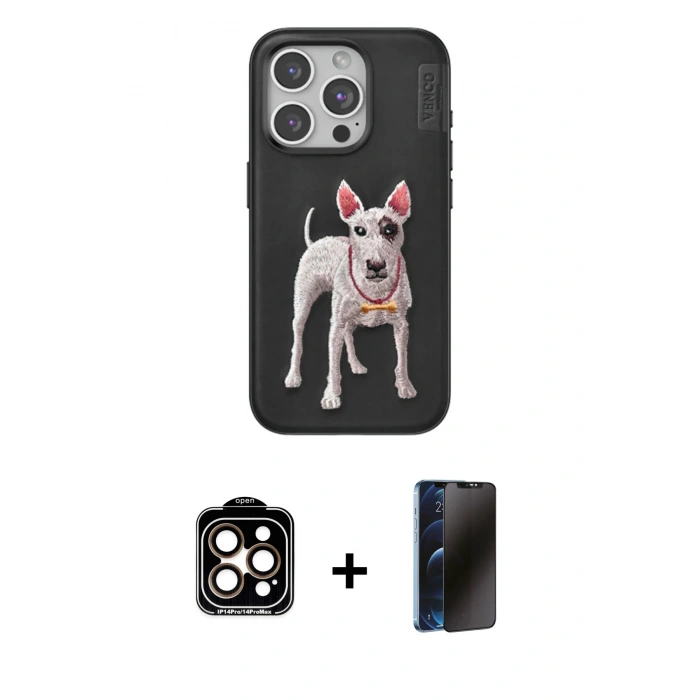 MARSİLYAN™- iPhone 15 Pro Max Kılıf Nova Form Koleksiyonu - Siyah 3D Antistatik Hayalet Cam Ekran Koruyucu + PVD Metal Kamera Lens - TU