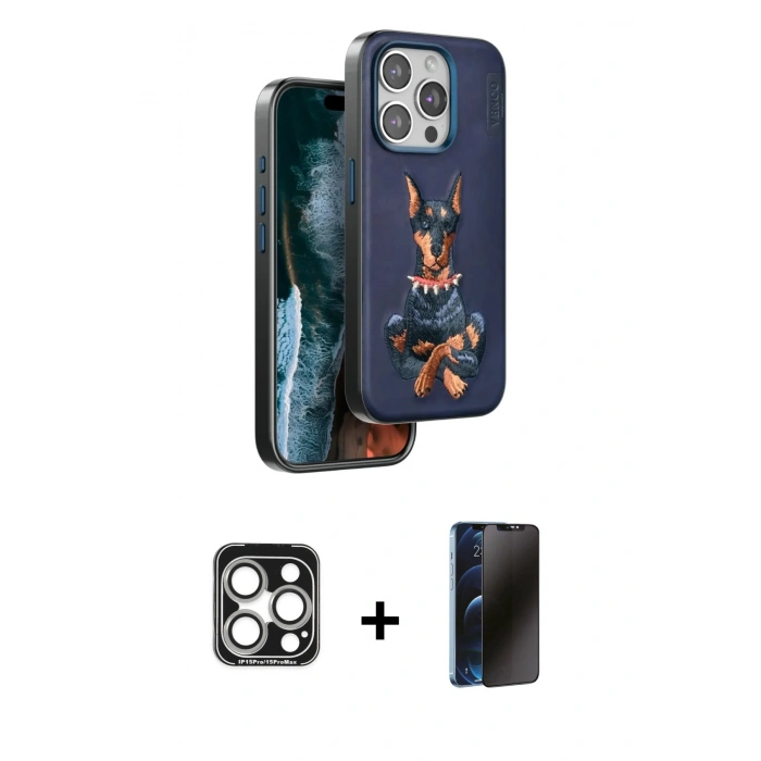 MARSİLYAN™- iPhone 15 Pro Max Kılıf Nova Form Koleksiyonu - Siyah 3D Antistatik Hayalet Cam Ekran Koruyucu + PVD Metal Kamera Lens - GS