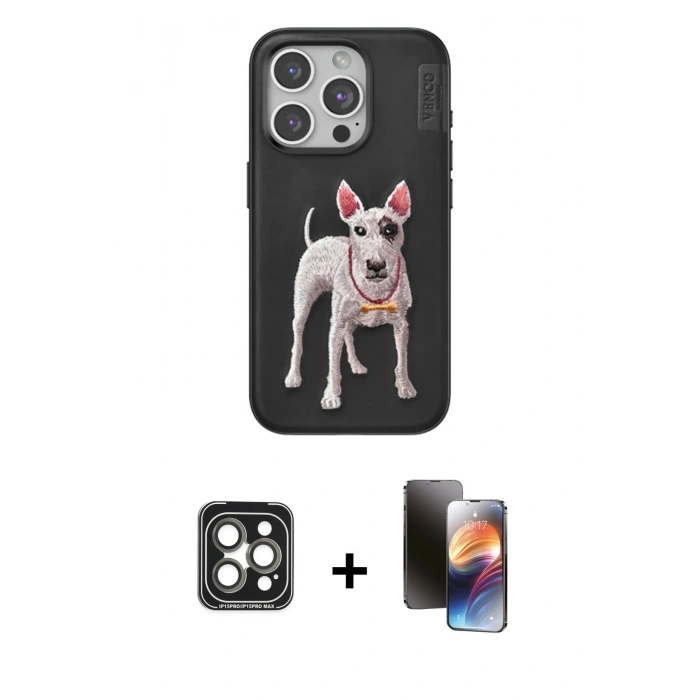 MARSİLYAN™- iPhone 15 Pro Max Kılıf Nova Form Koleksiyonu - Siyah 3D Antistatik Mat Seramik Nano Ekran Koruyucu + PVD Metal Kamera Lens - GI