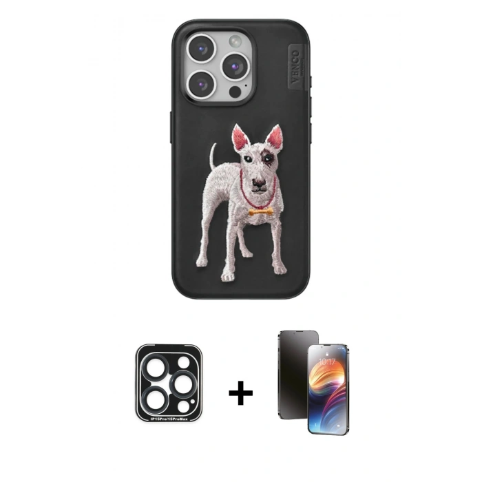 MARSİLYAN™- iPhone 15 Pro Max Kılıf Nova Form Koleksiyonu - Siyah 3D Antistatik Mat Seramik Nano Ekran Koruyucu + PVD Metal Kamera Lens - LT
