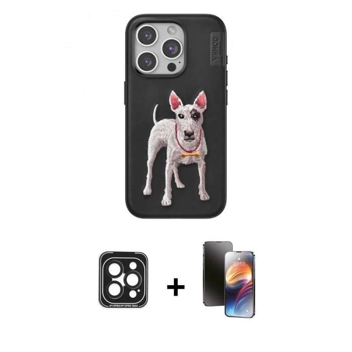 MARSİLYAN™- iPhone 15 Pro Max Kılıf Nova Form Koleksiyonu - Siyah 3D Antistatik Mat Seramik Nano Ekran Koruyucu + PVD Metal Kamera Lens - SH