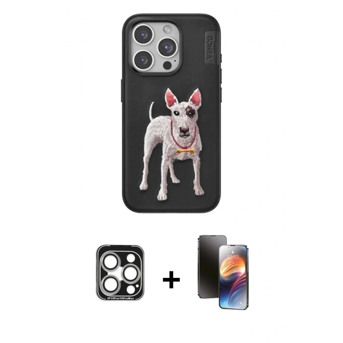 MARSİLYAN™- iPhone 15 Pro Max Kılıf Nova Form Koleksiyonu - Siyah 3D Antistatik Mat Seramik Nano Ekran Koruyucu + PVD Metal Kamera Lens - GS