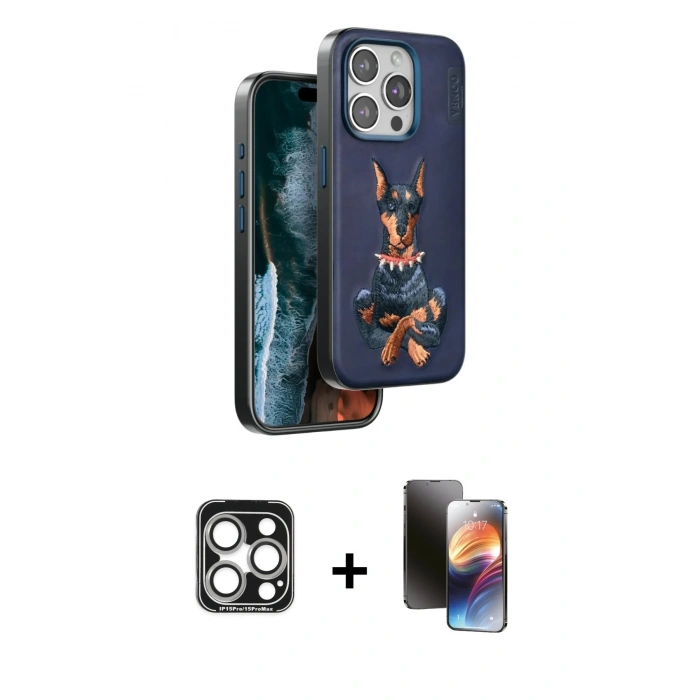 MARSİLYAN™- iPhone 15 Pro Max Kılıf Nova Form Koleksiyonu - Siyah 3D Antistatik Mat Seramik Nano Ekran Koruyucu + PVD Metal Kamera Lens - GS