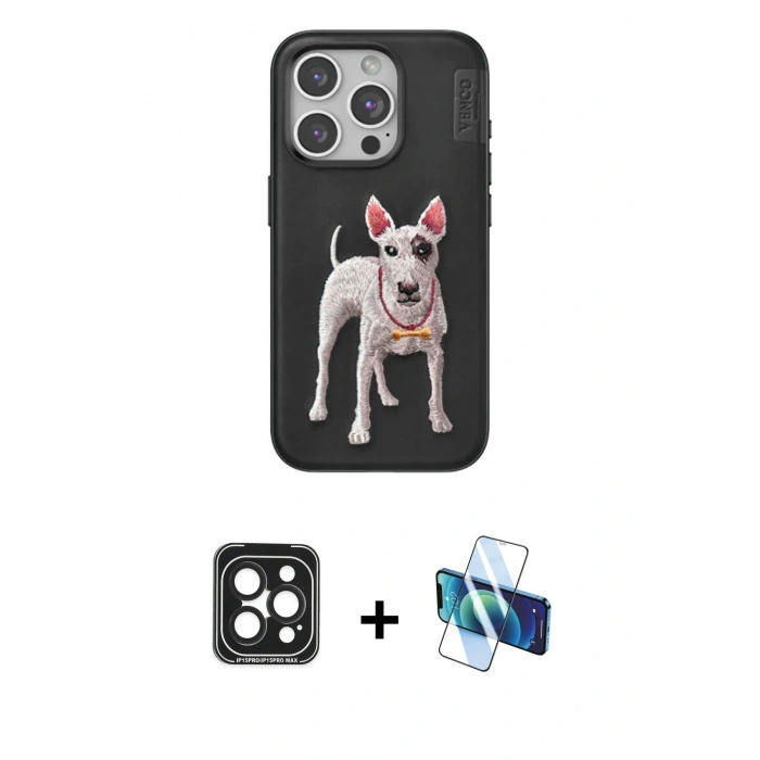 MARSİLYAN™- iPhone 15 Pro Max Kılıf Nova Form Koleksiyonu - Siyah 3D Antistatik Seramik Nano Ekran Koruyucu + PVD Metal Kamera Lens - SH