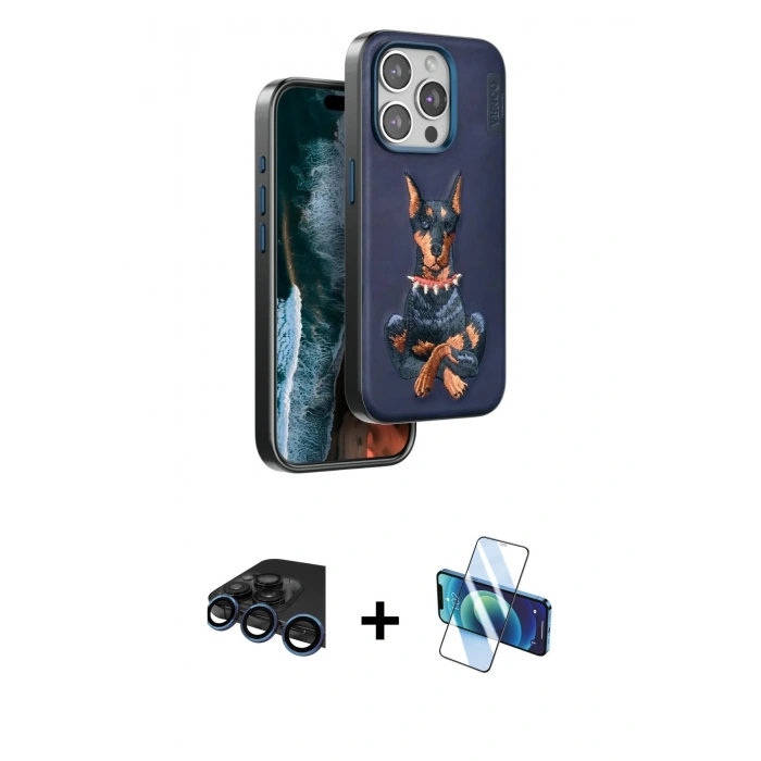 MARSİLYAN™- iPhone 15 Pro Max Kılıf Nova Form Koleksiyonu - Siyah 3D Antistatik Seramik Nano Ekran Koruyucu + Lacivert Raze Metal Kamera Lens