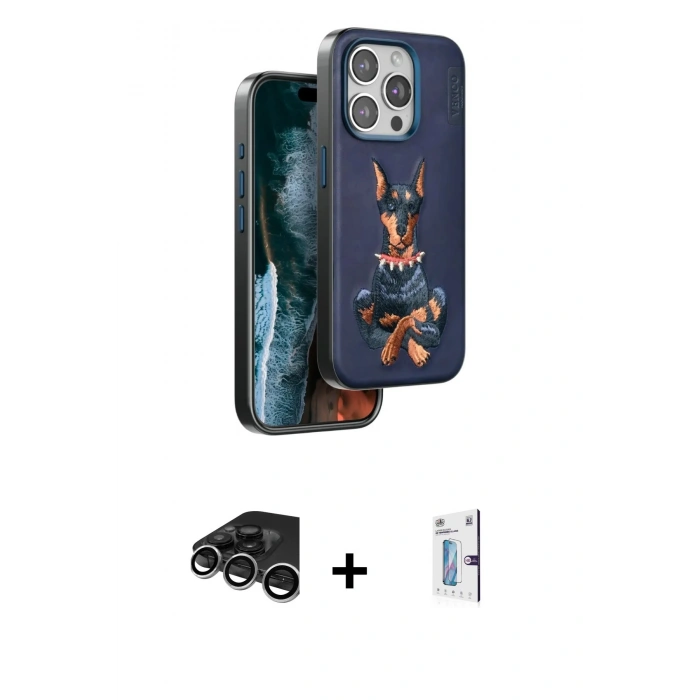 MARSİLYAN™- iPhone 15 Pro Max Kılıf Nova Form Koleksiyonu - Siyah Bilvis 0.18mm Plus Cam Ekran Koruyucu + Gümüş Raze Metal Kamera Lens