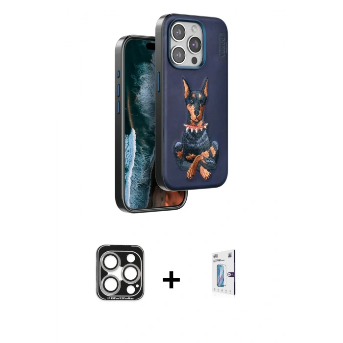 MARSİLYAN™- iPhone 15 Pro Max Kılıf Nova Form Koleksiyonu - Siyah Bilvis 0.18mm Plus Cam Ekran Koruyucu + PVD Metal Kamera Lens - GS