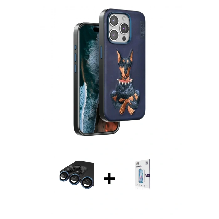 MARSİLYAN™- iPhone 15 Pro Max Kılıf Nova Form Koleksiyonu - Siyah Bilvis 0.18mm Plus Cam Ekran Koruyucu + Lacivert Raze Metal Kamera Lens