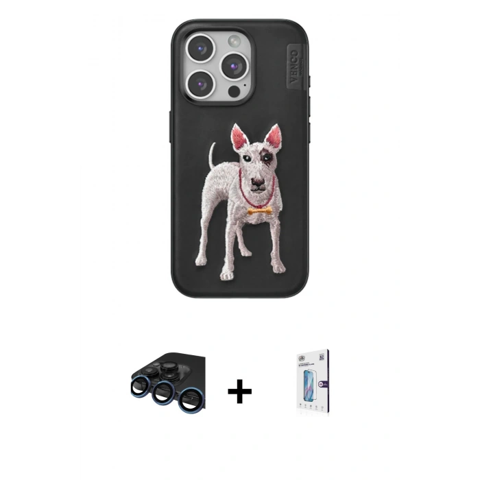 MARSİLYAN™- iPhone 15 Pro Max Kılıf Nova Form Koleksiyonu - Siyah Bilvis 0.18mm Plus Cam Ekran Koruyucu + Lacivert Raze Metal Kamera Lens