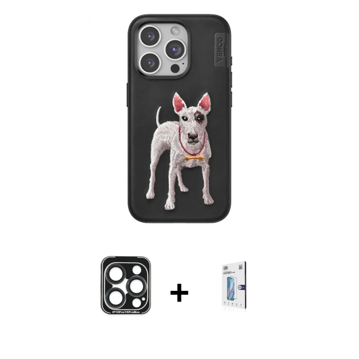 MARSİLYAN™- iPhone 15 Pro Max Kılıf Nova Form Koleksiyonu - Siyah Bilvis 0.18mm Plus Cam Ekran Koruyucu + PVD Metal Kamera Lens - LT