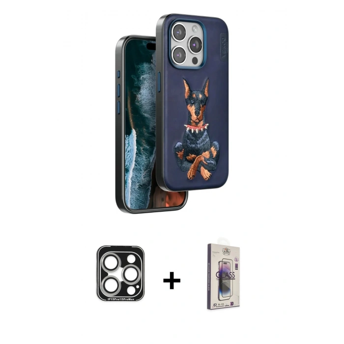 MARSİLYAN™- iPhone 15 Pro Max Kılıf Nova Form Koleksiyonu - Siyah Bilvis 3D Cam Ekran Koruyucu + PVD Metal Kamera Lens - GS