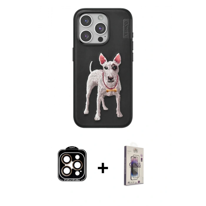 MARSİLYAN™- iPhone 15 Pro Max Kılıf Nova Form Koleksiyonu - Siyah Bilvis 3D Cam Ekran Koruyucu + PVD Metal Kamera Lens - TU
