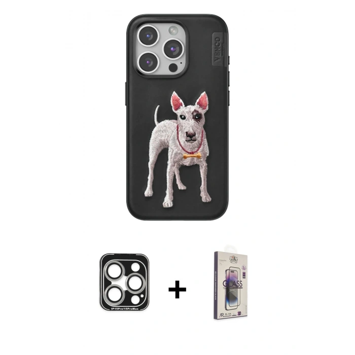 MARSİLYAN™- iPhone 15 Pro Max Kılıf Nova Form Koleksiyonu - Siyah Bilvis 3D Cam Ekran Koruyucu + PVD Metal Kamera Lens - GS